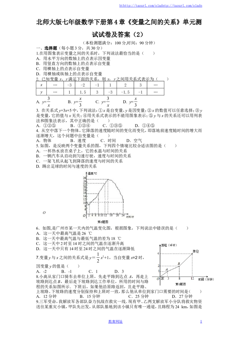 北师大版七年级数学下册第4章《变量之间的关系》单元测试试卷及答案（2）（喜子的商铺）_1、初中学习资料_4-2、数学_北师大版_北师大版初中数学7下_北师大版初中数学7下