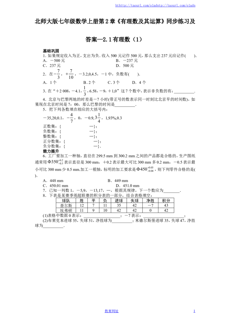 北师大版七年级数学上册第2章《有理数及其运算》同步练习及答案&mdash;2.1有理数（1）（喜子的商铺）_1、初中学习资料_4-2、数学_北师大版_北师大版初中数学7上_课时同步练习