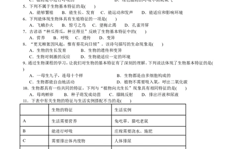 单元测试4含答案_1、初中学习资料_4-6、生物_4-6-1、初一生物上册_单元测试（20份）_2.单元测试第2套10份_第1单元_第1章