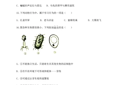学易金卷：2020-2021学年八年级生物上学期期末测试卷01（人教版）（原卷版）_1、初中学习资料_4-6、生物_4-6-3、初二生物上册_4、期末试卷（35份）