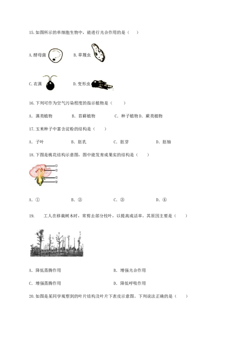 学易金卷：2020-2021学年七年级生物上学期期末测试卷02（人教版）（原卷版）_1、初中学习资料_4-6、生物_4-6-1、初一生物上册_期末试卷（8份）