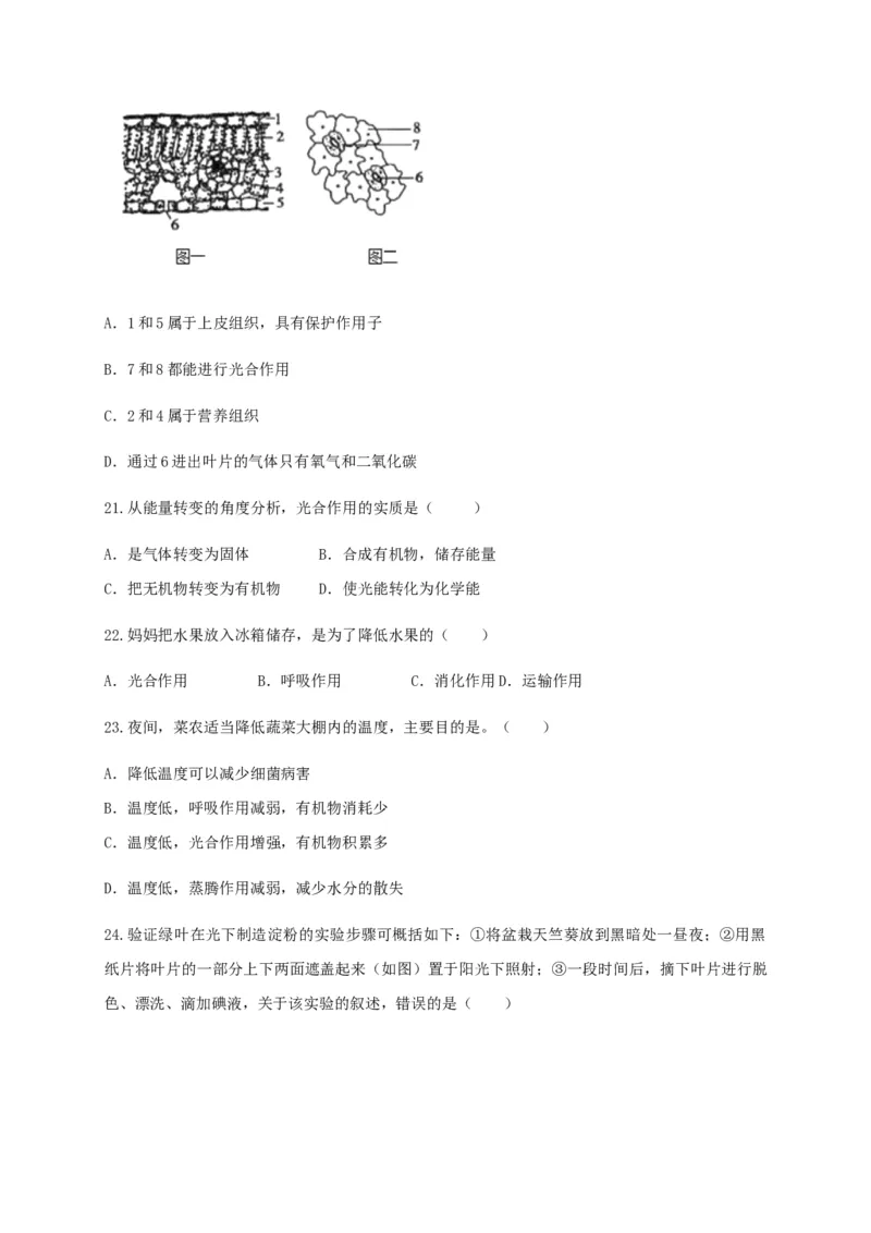 学易金卷：2020-2021学年七年级生物上学期期末测试卷02（人教版）（原卷版）_1、初中学习资料_4-6、生物_4-6-1、初一生物上册_期末试卷（8份）