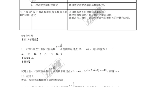 反比例函数(含中考真题解析)_1、初中学习资料_4-2、数学_北师大版_北师大版初中数学9上_复习资料_期末拔高专题