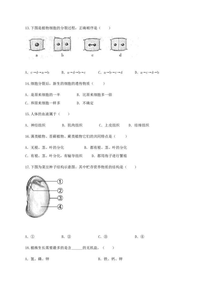 学易金卷：2020-2021学年七年级生物上学期期末测试卷01（人教版）（原卷版）_1、初中学习资料_4-6、生物_4-6-1、初一生物上册_期末试卷（8份）