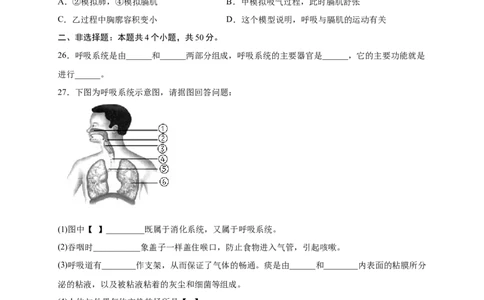 第三章人体的呼吸（基础突破卷）-2021-2022学年七年级生物下册基础与培优高效突破测试卷（人教版）（原卷版）_new_1、初中学习资料_4-6、生物_4-6-2、初一生物下册