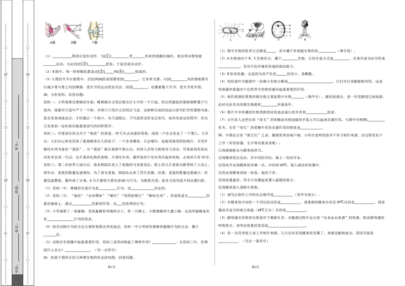 学易金卷：2021-2022学年八年级生物上学期期中测试卷（人教版）02（考试版）_1、初中学习资料_4-6、生物_4-6-3、初二生物上册_3、期中试卷（4份）