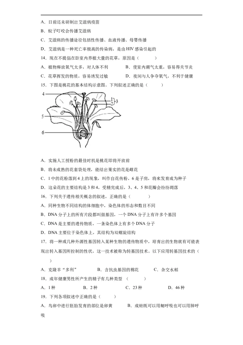 卷05-2022-2023学年八年级生物下学期期末综合测试卷（人教版）（原卷版）_new_1、初中学习资料_4-6、生物_4-6-4、初二生物下册_2023更新人教版初中生物8下