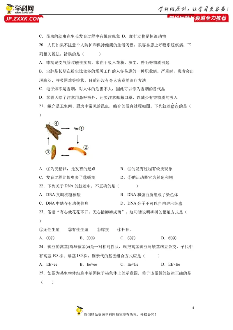 卷05-2022-2023学年八年级生物下学期期末综合测试卷（人教版）（原卷版）_new_1、初中学习资料_4-6、生物_4-6-4、初二生物下册_2023更新人教版初中生物8下