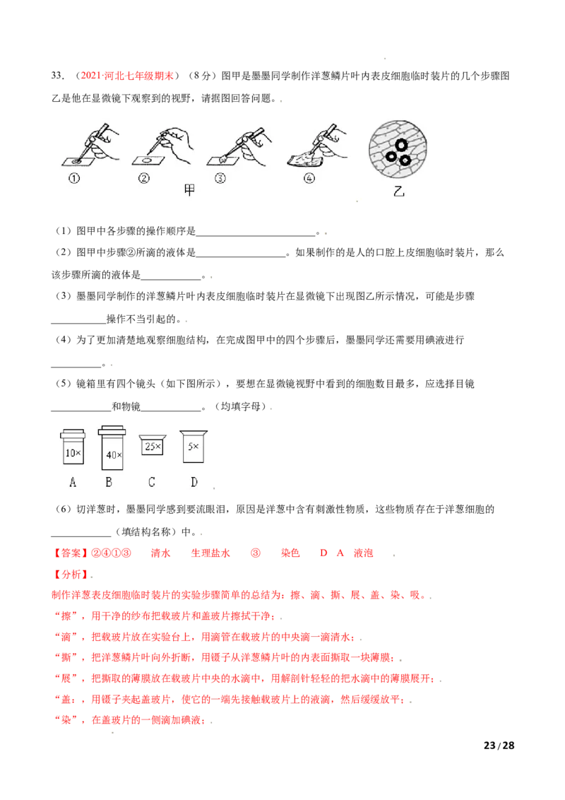 第02单元第01章细胞是生命活动的基本单位单元测试（B卷&middot;提升能力）（解析版）_1、初中学习资料_4-6、生物_4-6-1、初一生物上册_单元测试（20份）_1、单元测试第1套（10份）