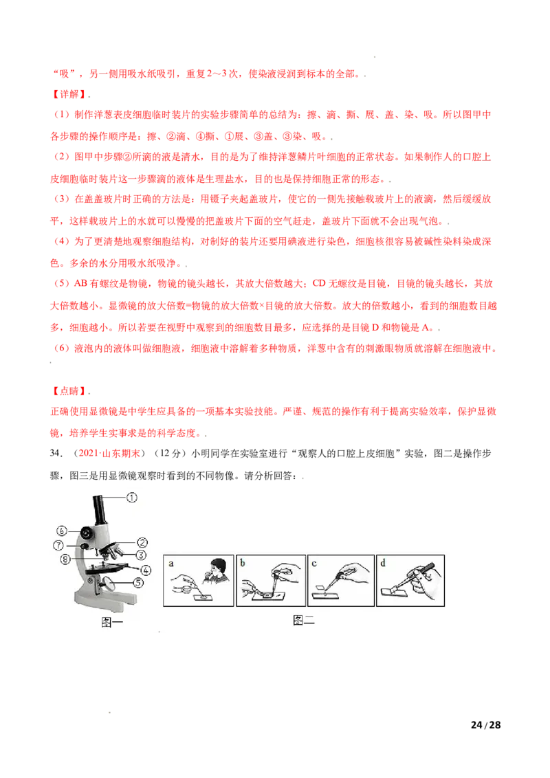 第02单元第01章细胞是生命活动的基本单位单元测试（B卷&middot;提升能力）（解析版）_1、初中学习资料_4-6、生物_4-6-1、初一生物上册_单元测试（20份）_1、单元测试第1套（10份）