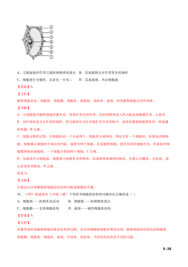 第02单元第01章细胞是生命活动的基本单位单元测试（B卷&middot;提升能力）（解析版）_1、初中学习资料_4-6、生物_4-6-1、初一生物上册_单元测试（20份）_1、单元测试第1套（10份）