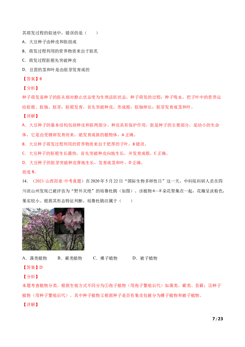 第03单元第01章生物圈中有哪些绿色植物、02章被子植物的一生单元测试（A卷&bull;劣实基础）（解析版）_1、初中学习资料_4-6、生物_4-6-1、初一生物上册_单元测试（20份）