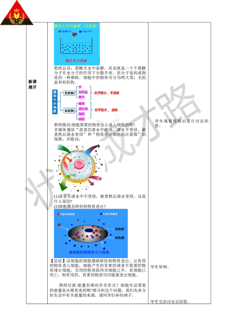 第四节细胞的生活_1、初中学习资料_2024秋改版_七上生物最新版课件_教案_第一单元生物和细胞_第二章认识细胞