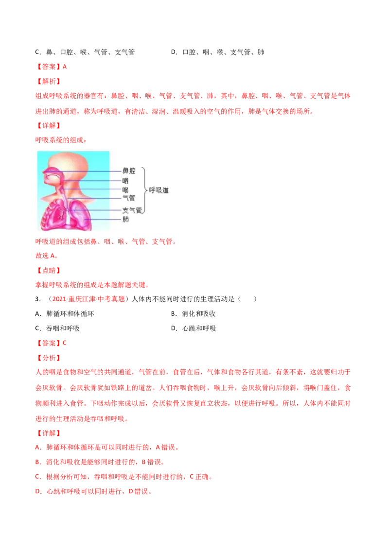 第03单元人体的呼吸（A卷.夯实基础）（解析版）_1、初中学习资料_4-6、生物_4-6-2、初一生物下册_单元测试（14份）