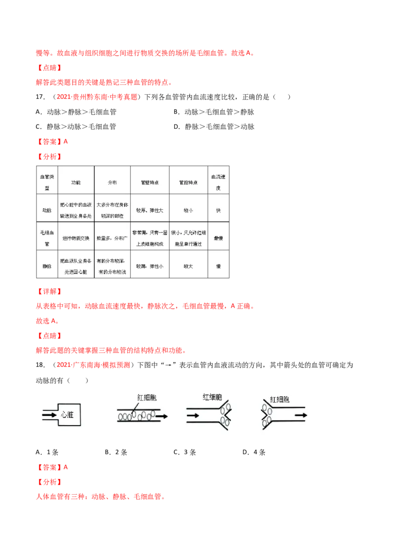 第04单元人体内物质的运输（A卷&bull;劣实基础）（解析版）_1、初中学习资料_4-6、生物_4-6-2、初一生物下册_单元测试（14份）