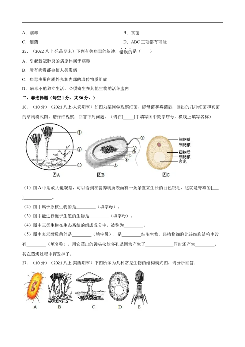 第四、五章细菌、真菌和病毒（B卷&middot;能力提升练）（原卷版）_1、初中学习资料_4-6、生物_4-6-3、初二生物上册_2、单元测试（23份）_1、第1套单元测试2022-2023学年