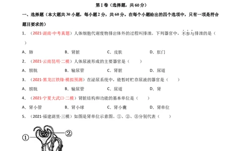 第04单元第05章人体内废物的排出单元测试（A卷.夯实基础）（A卷&bull;劣实基础）（原卷版）_1、初中学习资料_4-6、生物_4-6-2、初一生物下册_单元测试（14份）