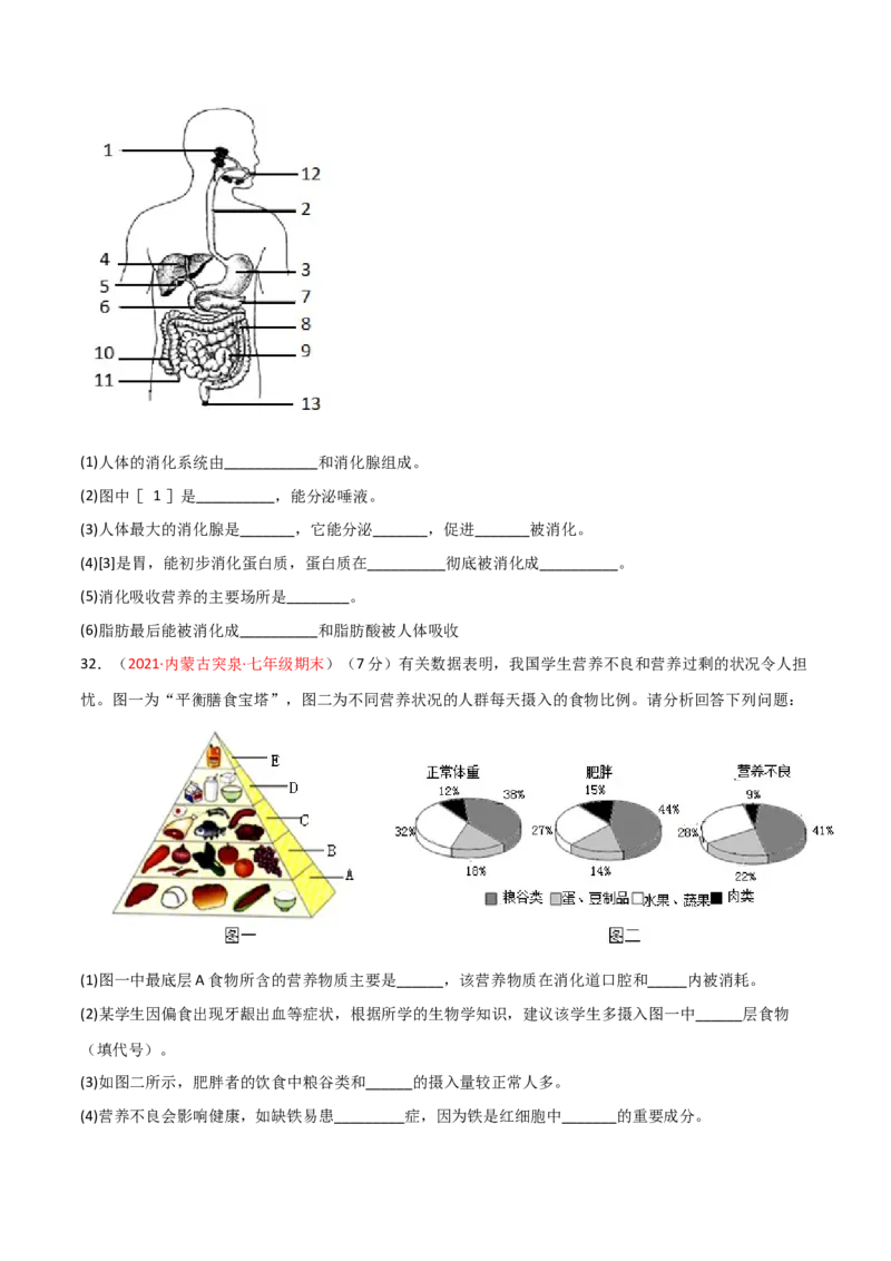 第02单元人体的营养单元测试（A卷.夯实基础）（原卷版）_1、初中学习资料_4-6、生物_4-6-2、初一生物下册_单元测试（14份）