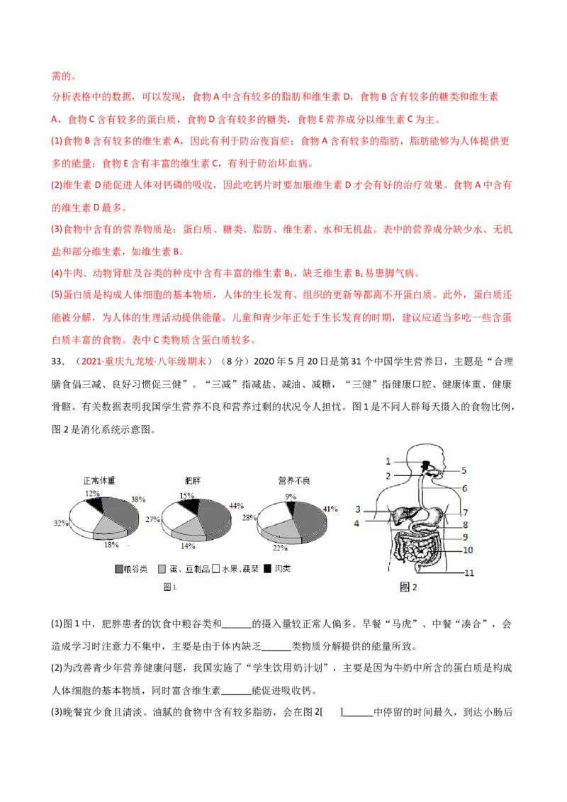 第02单元人体的营养（B卷&middot;提升能力）（解析版）_1、初中学习资料_4-6、生物_4-6-2、初一生物下册_单元测试（14份）