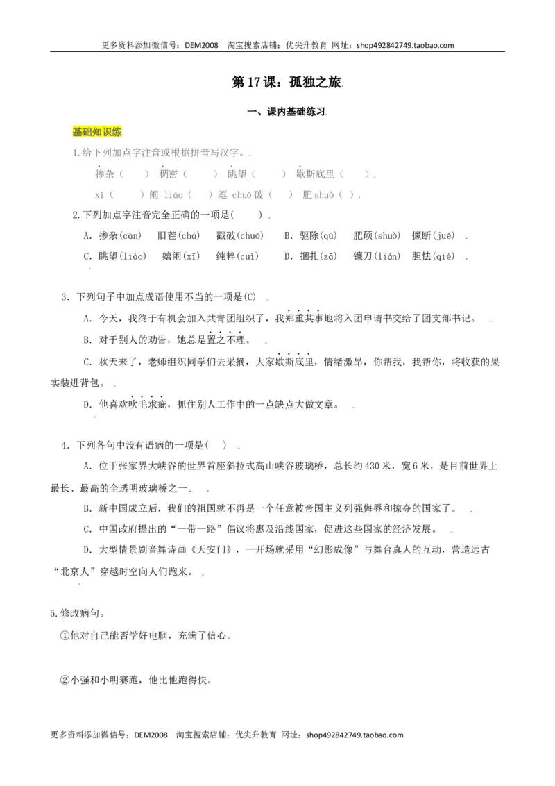 第17课：孤独之旅-九年级上册语文一课三练习题精编（部编版）_1、初中学习资料_4-1、语文_4-1-5、初三语文上册_部编语文九年级上课时练习（050份）_第2套-课时练习