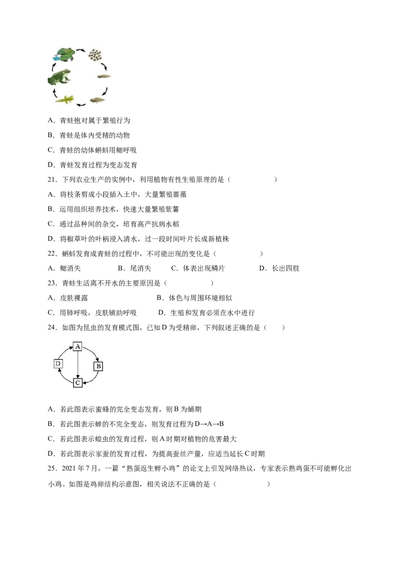 第1章生物的生殖和发育（A&middot;知识通关练）-单元测试2022-2023学年八年级生物下册分层训练AB卷（人教版）（原卷版）_new_1、初中学习资料_4-6、生物_4-6-4、初二生物下册