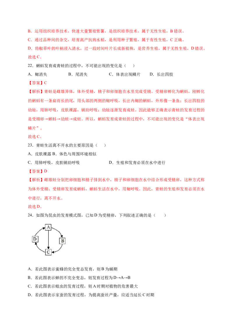第1章生物的生殖和发育（A&middot;知识通关练）-单元测试2022-2023学年八年级生物下册分层训练AB卷（人教版）（解析版）_new_1、初中学习资料_4-6、生物_4-6-4、初二生物下册