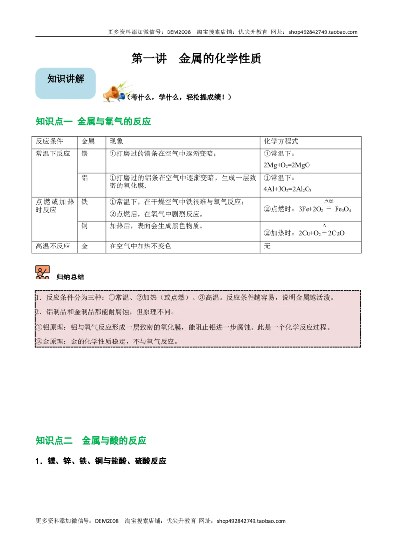 第1讲金属的化学性质（原卷版）_1、初中学习资料_4-5、化学_4-5-5、初三化学下册_人教化学九年级下专项练习（013份）