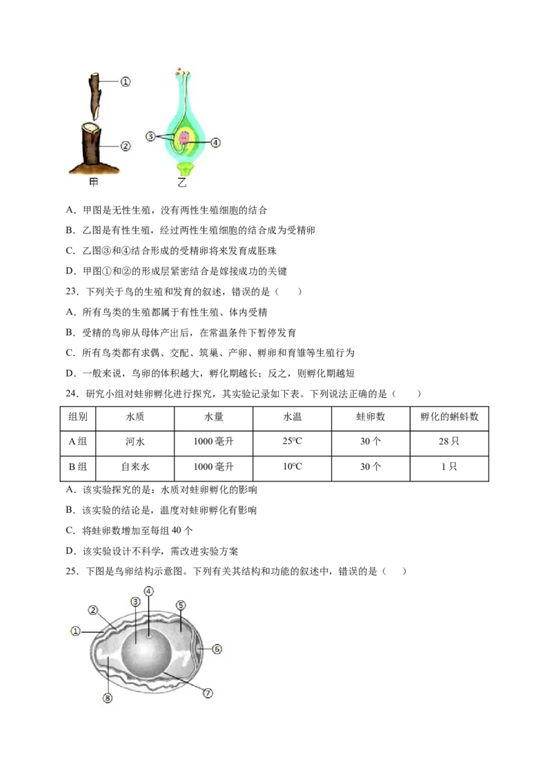 第1章生物的生殖和发育（B&middot;能力提升练）-单元测试2022-2023学年八年级生物下册分层训练AB卷（人教版）（原卷版）_new_1、初中学习资料_4-6、生物_4-6-4、初二生物下册