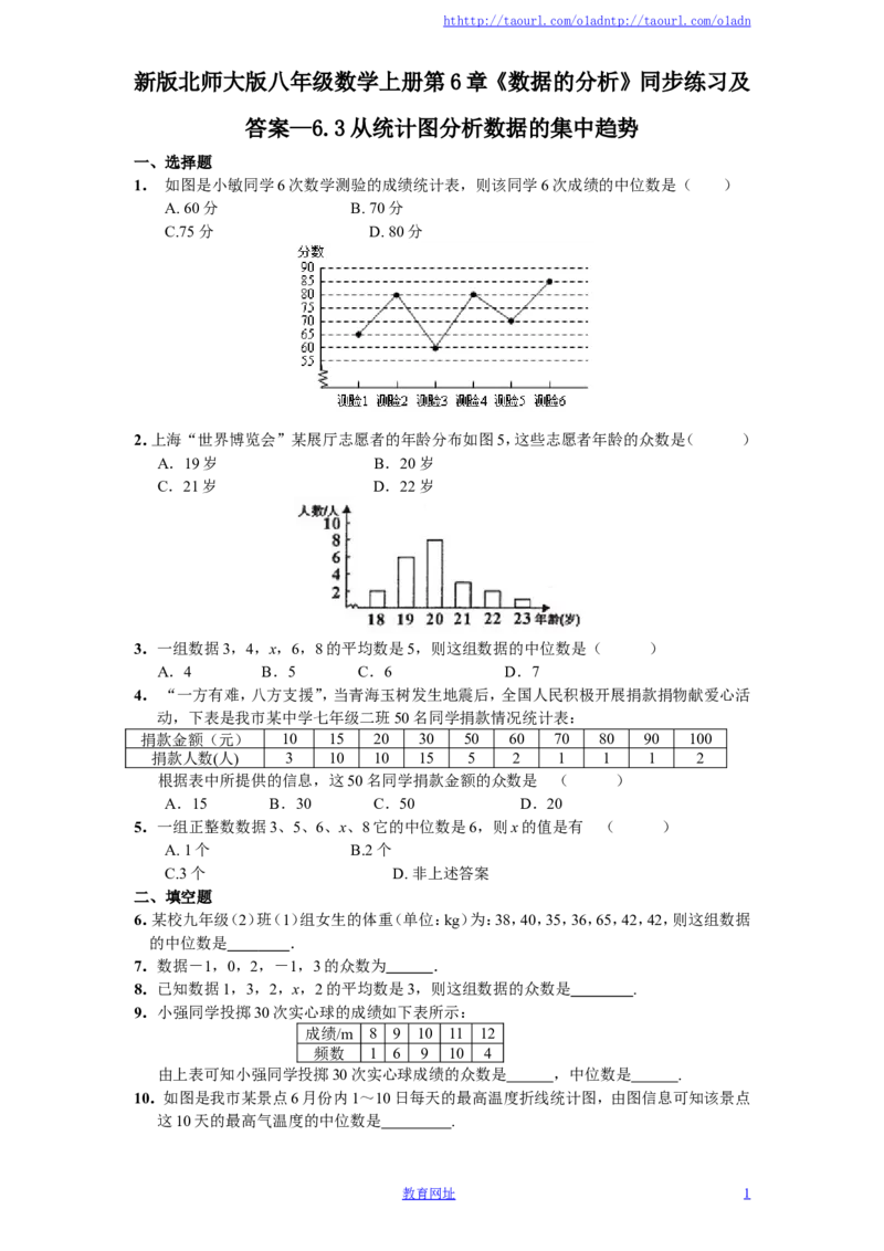新版北师大版八年级数学上册第6章《数据的分析》同步练习及答案&mdash;6.3从统计图分析数据的集中趋势（喜子的商铺）_1、初中学习资料_4-2、数学_北师大版_北师大版初中数学8上