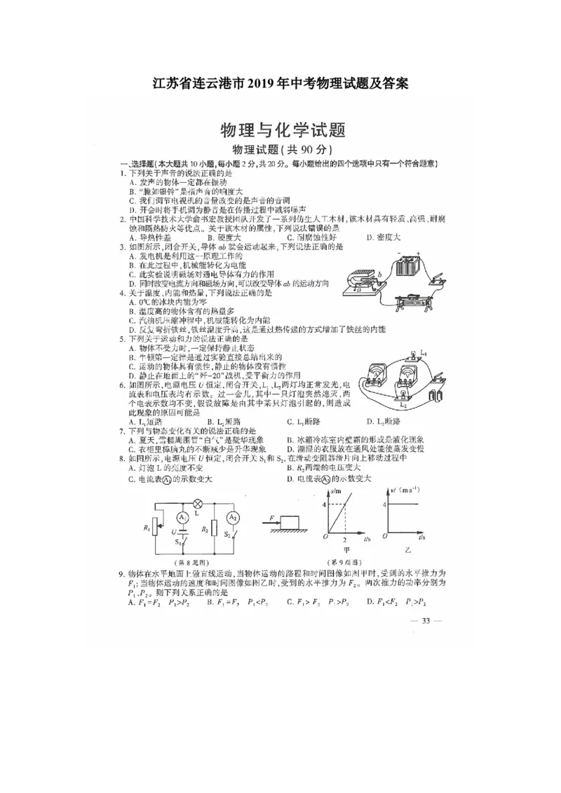 江苏省连云港市2019年高中阶段学校招生统一文化考试（中考物理）试题及答案图片版_1、初中学习资料_2024秋改版_八上物理课件最新版_物理中考真题卷（2019-2023）_2019中考物理试卷_江苏
