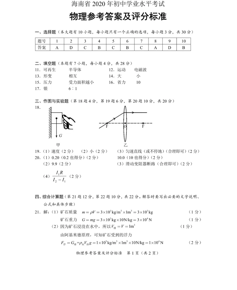 海南省2020年中考物理试卷PDF_1、初中学习资料_2024秋改版_八上物理课件最新版_物理中考真题卷（2019-2023）_2020中考物理试卷