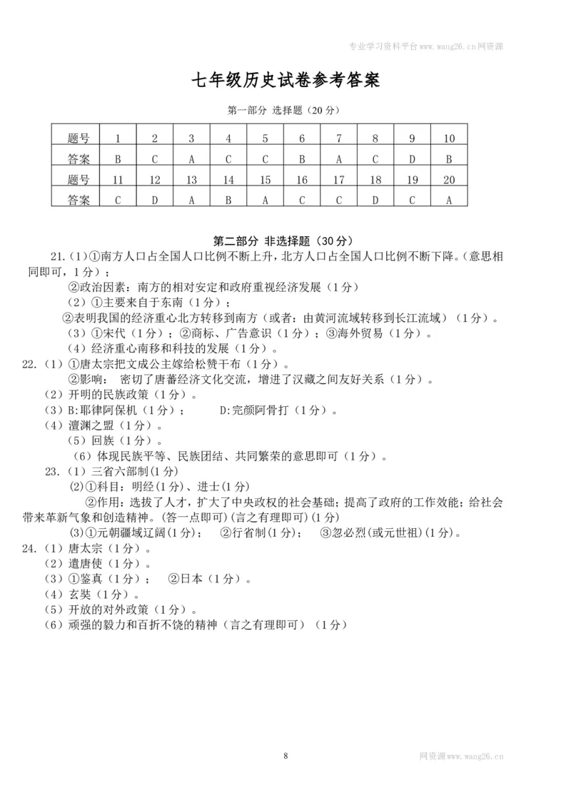 江苏省泰州市姜堰区七年级下学期期中考试历史试题_1、初中学习资料_4-7、历史_4-7-2、初一历史下册_3、期中试卷（13份）_赠期中测试11份