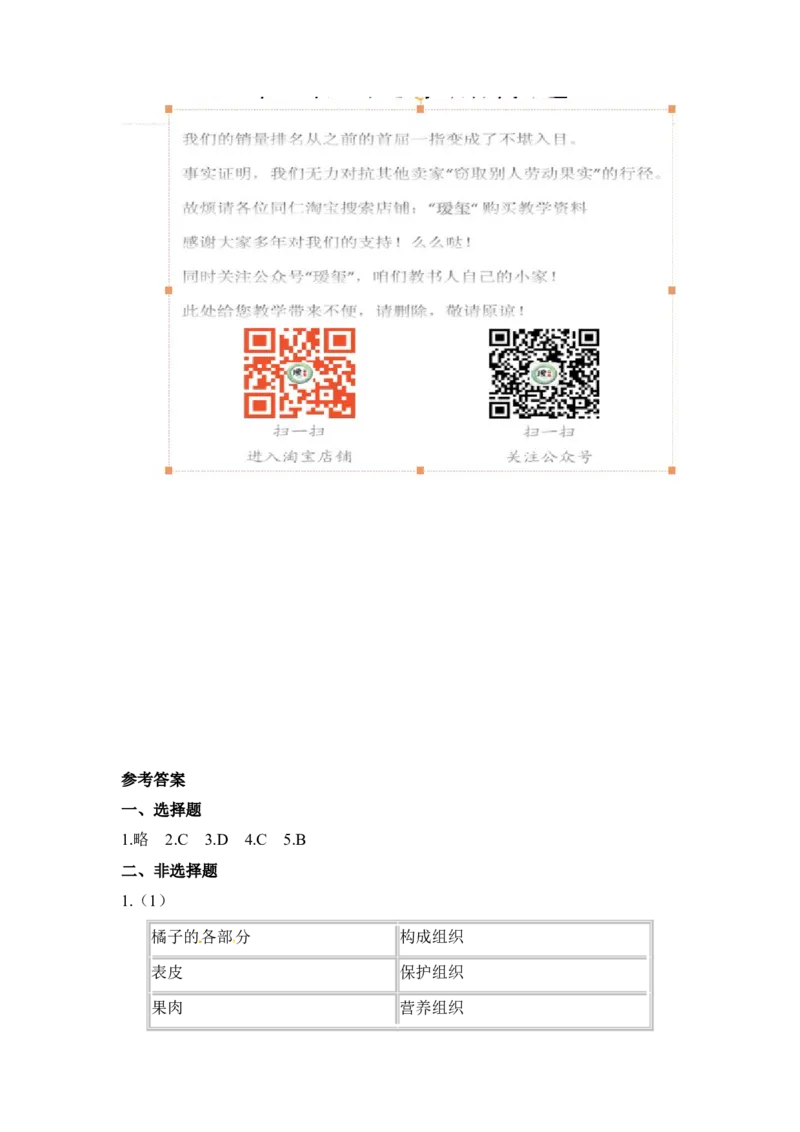 植物体的结构层次习题2含答案_1、初中学习资料_4-6、生物_4-6-1、初一生物上册_同步练习-138份_2、同步练习第2套115份_第2单元生物体的结构层次_2.2.3植物体的结构层次