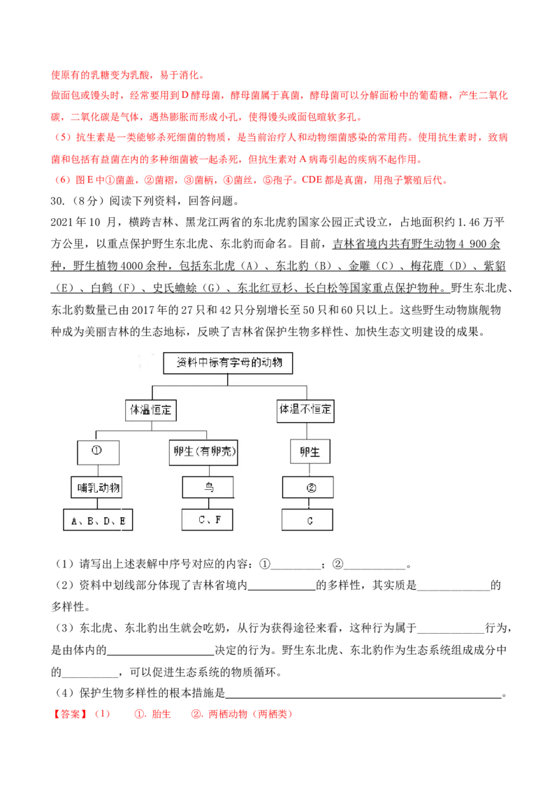 期末预测卷-2022-2023学年八年级生物上册课后培优分级练（人教版）（解析版）_1、初中学习资料_4-6、生物_4-6-3、初二生物上册_4、期末试卷（35份）