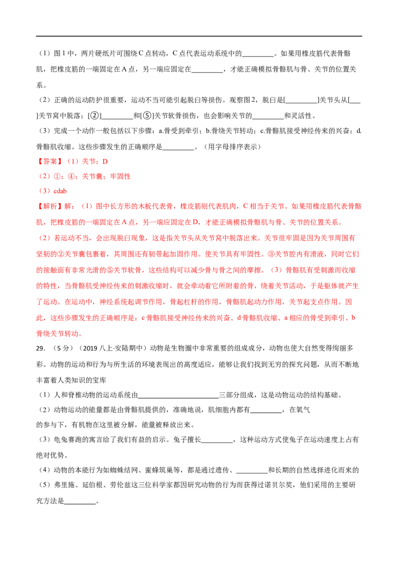 第二、三章动物的运动和行为及动物在生物圈中的作用（B卷&middot;能力提升练）（解析版）_1、初中学习资料_4-6、生物_4-6-3、初二生物上册_2、单元测试（23份）