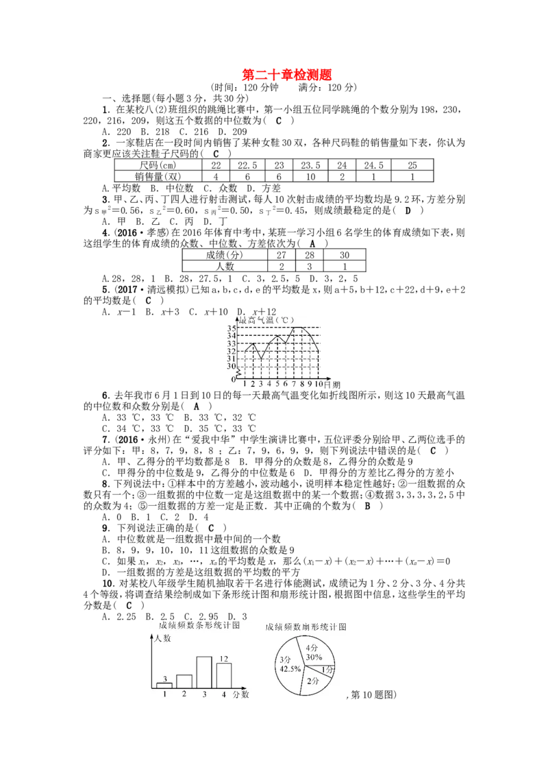 第二十章检测题_1、初中学习资料_4-2、数学_4-2-4、初二数学下册_人教数学八年级下单元试卷（039份）_全章检测题（试题含答案）（共5份）