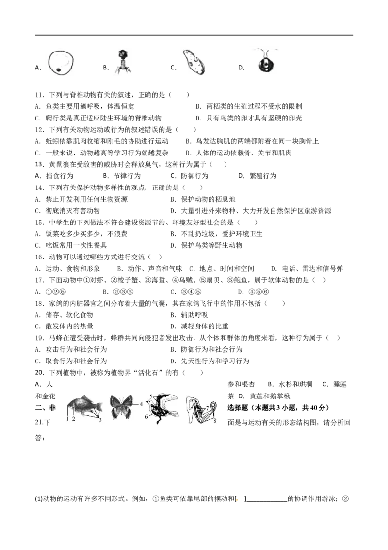第六单元生物多样性及其保护（B卷&middot;能力提升练）（原卷版）_1、初中学习资料_4-6、生物_4-6-3、初二生物上册_2、单元测试（23份）_1、第1套单元测试2022-2023学年