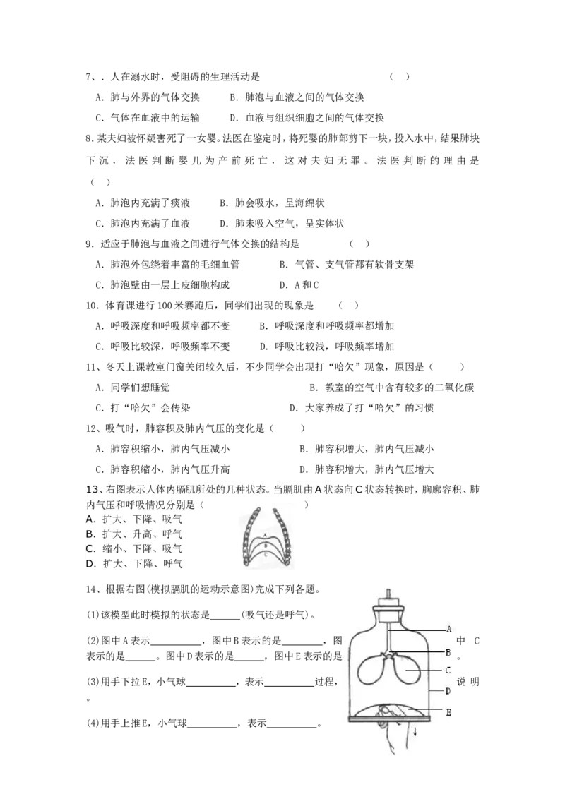 第二节发生在肺内的气体交换课时训练含答案_1、初中学习资料_4-6、生物_4-6-2、初一生物下册_同步练习（89份）_同步练习第2套（69份）_4.3人体的呼吸_第2节发生在肺内的气体交换