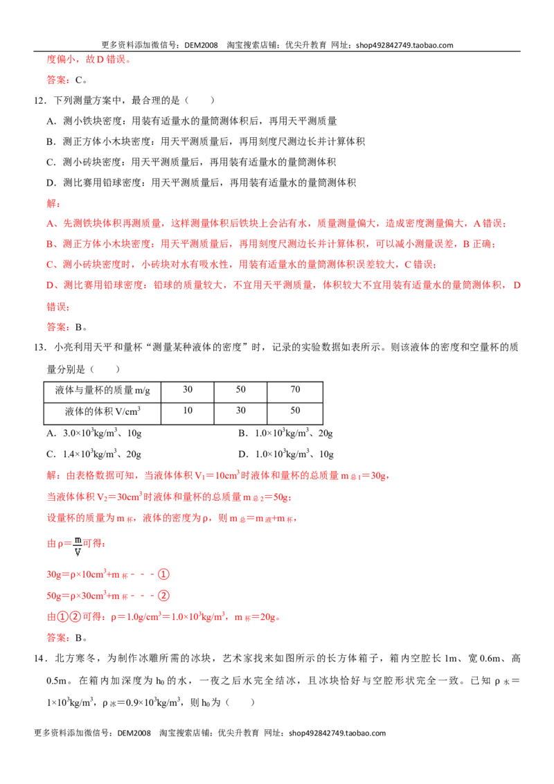 第六章质量与密度（选拔卷）（解析版）_1、初中学习资料_4-4、物理_4-4-3、初二物理上册_人教版物理八年级上单元试卷（054份）_单元试卷第1套12份