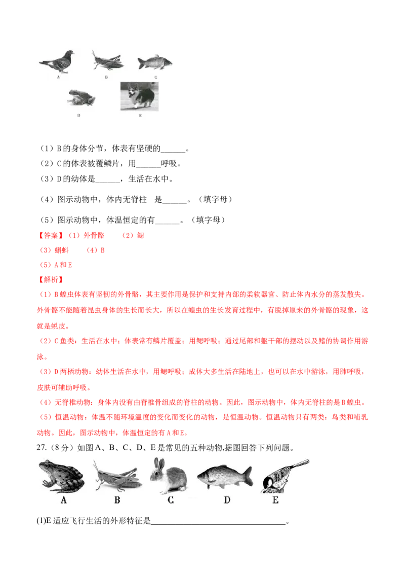 第一次月考-2022-2023学年八年级生物上册课后培优分级练（人教版）（解析版）_1、初中学习资料_4-6、生物_4-6-3、初二生物上册_5、月考试卷（10份）