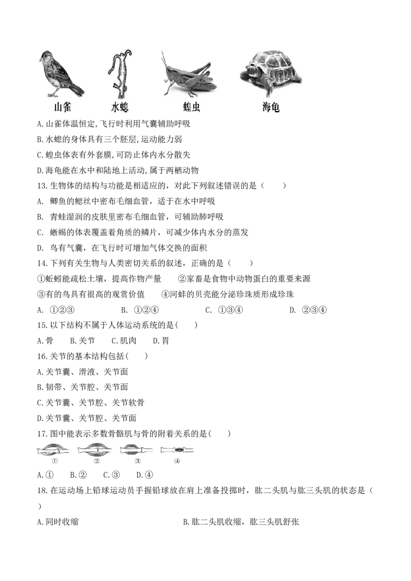 第一次月考-2022-2023学年八年级生物上册课后培优分级练（人教版）（原卷版）_1、初中学习资料_4-6、生物_4-6-3、初二生物上册_5、月考试卷（10份）
