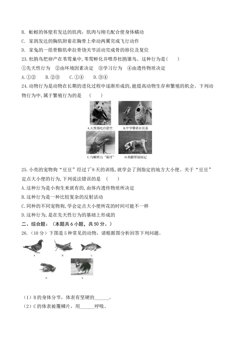 第一次月考-2022-2023学年八年级生物上册课后培优分级练（人教版）（原卷版）_1、初中学习资料_4-6、生物_4-6-3、初二生物上册_5、月考试卷（10份）