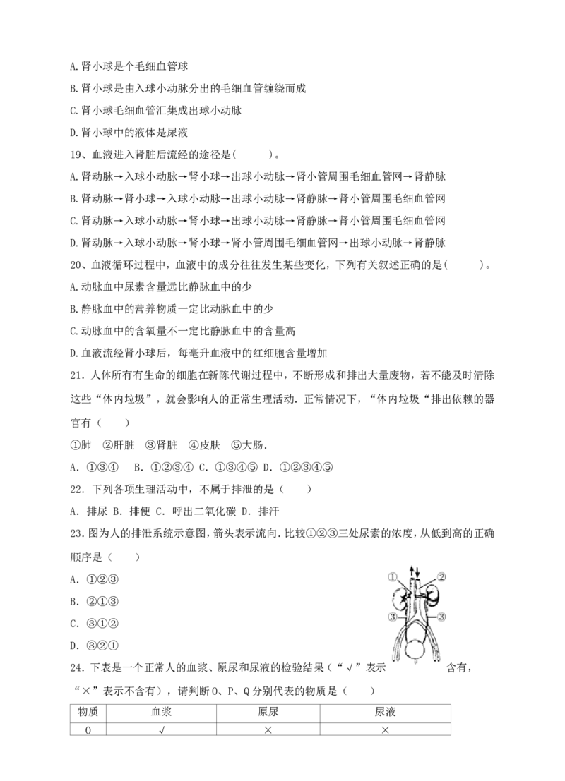 第五章人体内废物的排出（含答案）_1、初中学习资料_4-6、生物_4-6-2、初一生物下册_同步练习（89份）_同步练习第2套（69份）_4.5人体内废物的排出
