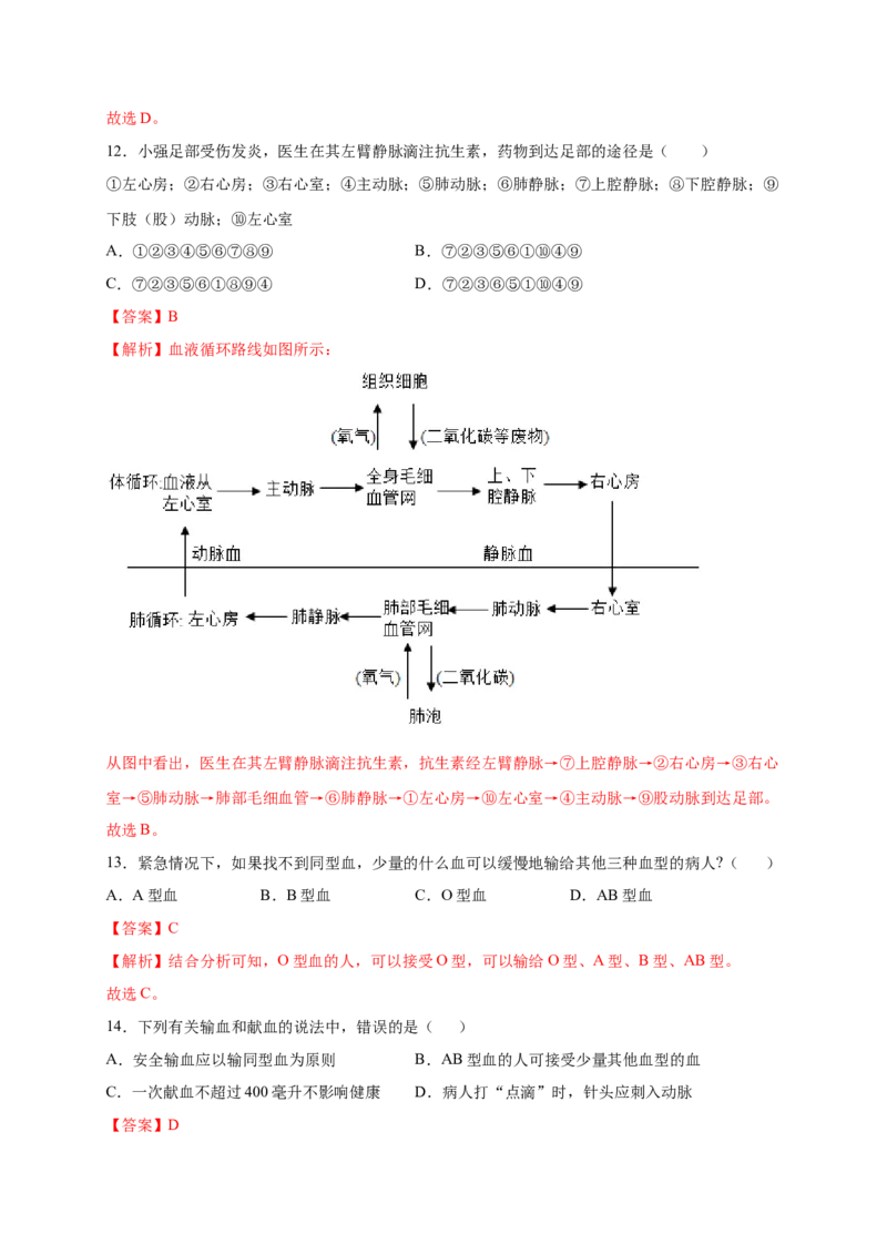 第四章人体内物质的运输（满分培优卷）-2021-2022学年七年级生物下册基础与培优高效突破测试卷（人教版）（解析版）_new_1、初中学习资料_4-6、生物_4-6-2、初一生物下册