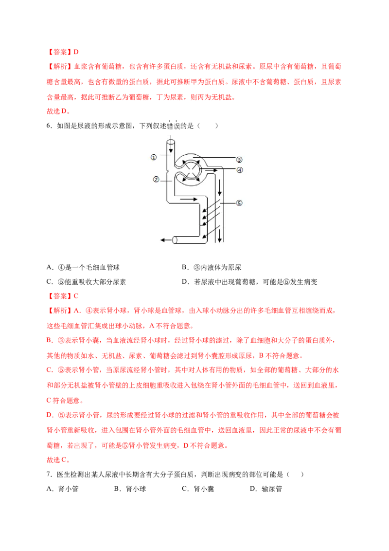 第五章人体废物的排出（基础突破卷）-2021-2022学年七年级生物下册基础与培优高效突破测试卷（人教版）（解析版）_new_1、初中学习资料_4-6、生物_4-6-2、初一生物下册