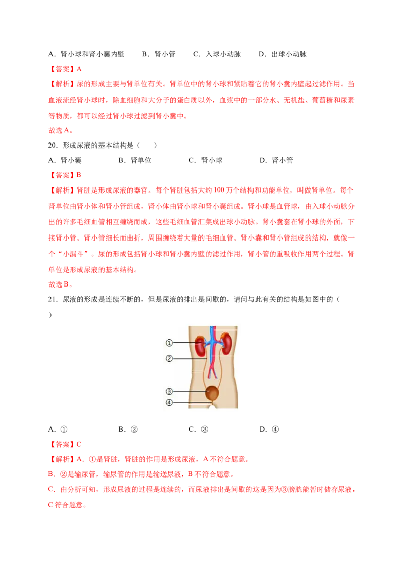 第五章人体废物的排出（基础突破卷）-2021-2022学年七年级生物下册基础与培优高效突破测试卷（人教版）（解析版）_new_1、初中学习资料_4-6、生物_4-6-2、初一生物下册
