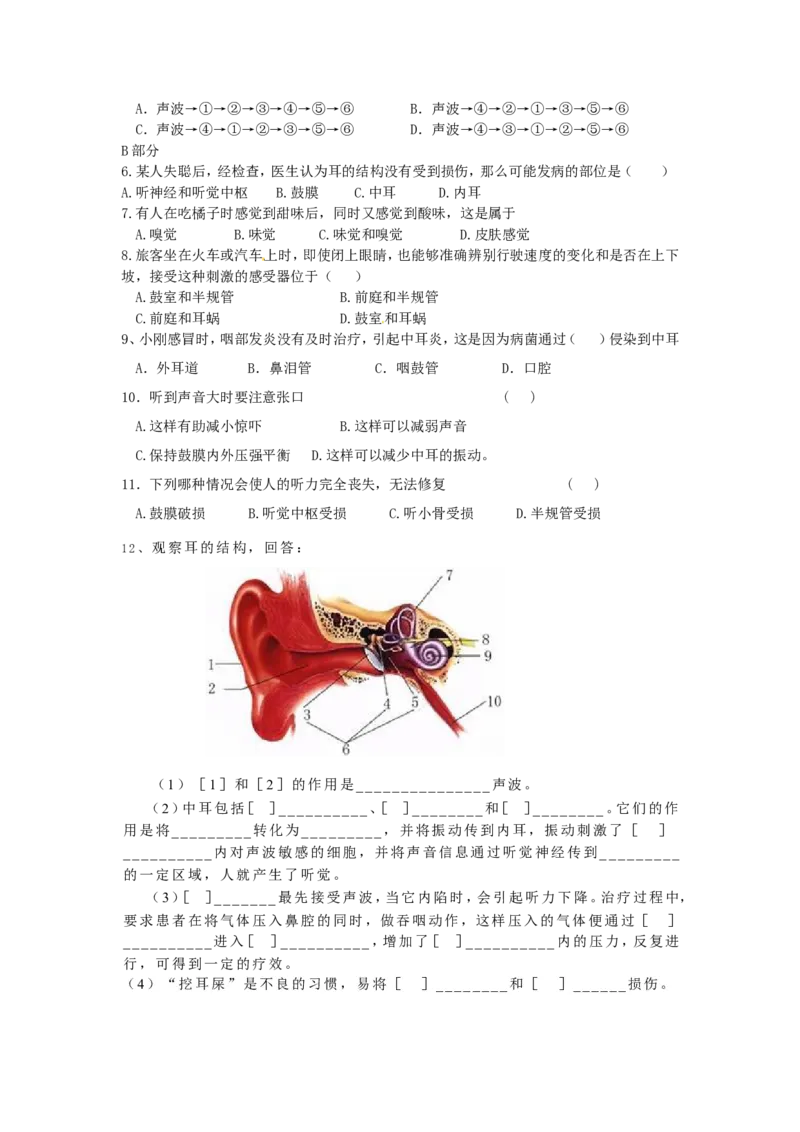 第一节人体对外界环境的感知（第二课时）课时训练（含答案）_1、初中学习资料_4-6、生物_4-6-2、初一生物下册_同步练习（89份）_同步练习第2套（69份）_4.6人体生命活动的调节