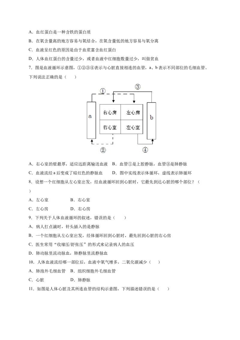 第四章人体内物质的运输（满分培优卷）-2021-2022学年七年级生物下册基础与培优高效突破测试卷（人教版）（原卷版）_new_1、初中学习资料_4-6、生物_4-6-2、初一生物下册
