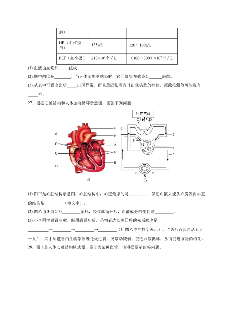 第四章人体内物质的运输（满分培优卷）-2021-2022学年七年级生物下册基础与培优高效突破测试卷（人教版）（原卷版）_new_1、初中学习资料_4-6、生物_4-6-2、初一生物下册