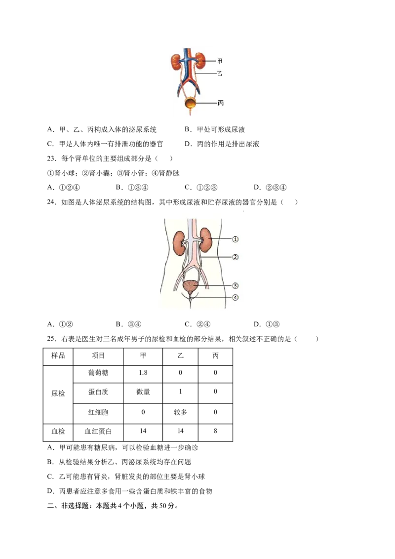 第五章人体废物的排出（满分培优卷）-2021-2022学年七年级生物下册基础与培优高效突破测试卷（人教版）（原卷版）_new_1、初中学习资料_4-6、生物_4-6-2、初一生物下册